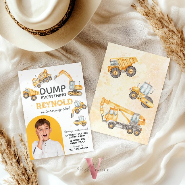 Editable Photo Dump Trucks Construction Birthday Invitation (Creator Uploaded)