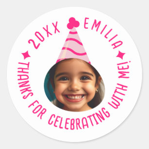 Editable Photo Text Birthday Thanks Party Hat Classic Round Sticker