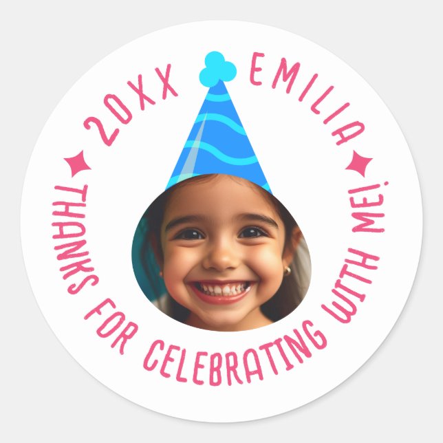 Editable Photo Text Birthday Thanks Party Hat Classic Round Sticker (Front)