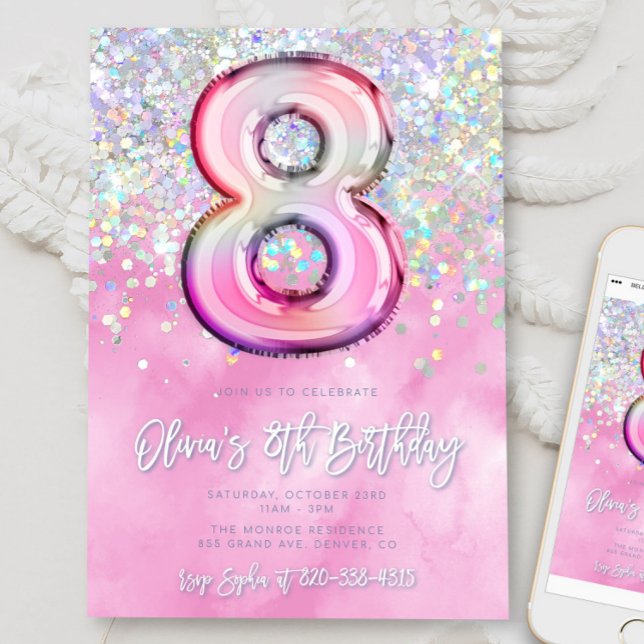 Editable Pink 8th Birthday Invitation Template Gli (Creator Uploaded)