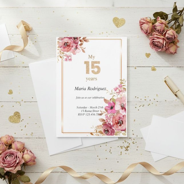 Editable Pink and Gold Quinceañera Invitation (Creator Uploaded)