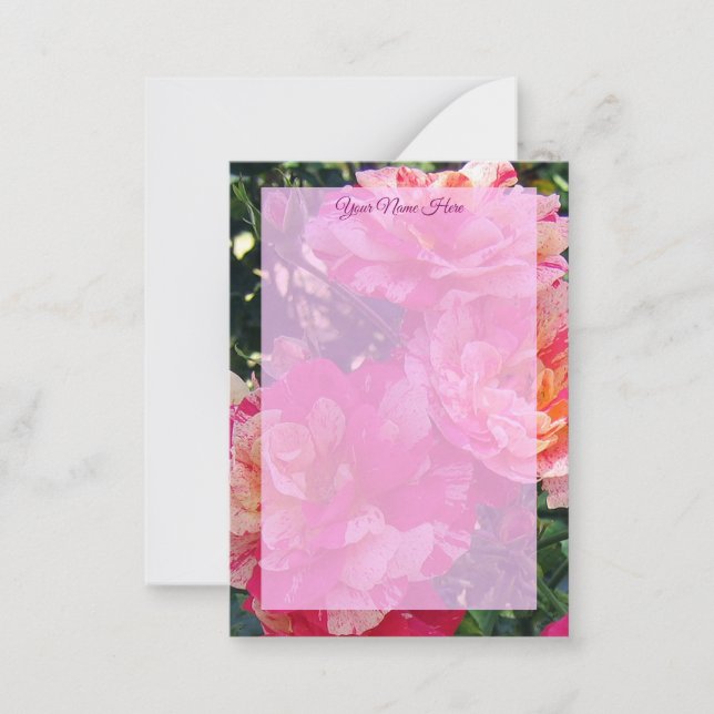Editable Pink and White Striped Roses Flat  Card (Front)