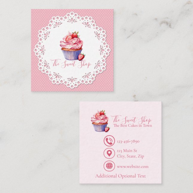 Editable Pink Bakery Business Card | 2.5" Square (Front/Back)