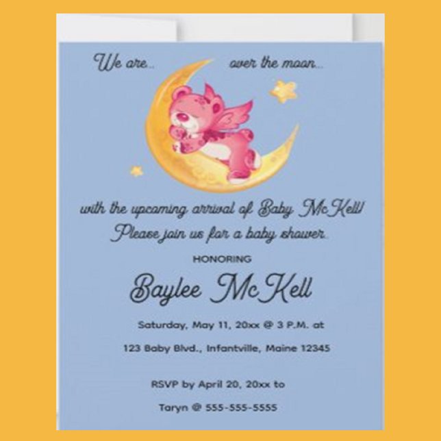 Editable Pink Bear on a Crescent Moon Baby Shower Invitation (Creator Uploaded)