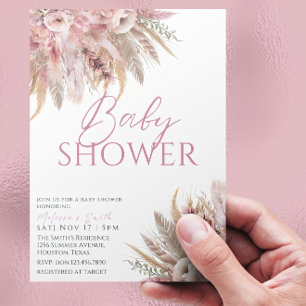 Editable Pink Boho Baby Shower Invitation, Pampas Invitation