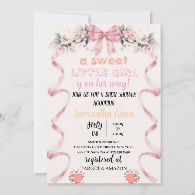 Editable Pink Bow Baby Shower Invitation (Front)