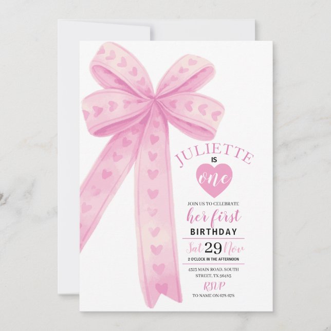 Editable Pink Bow First Girls Birthday Invitation  (Front)