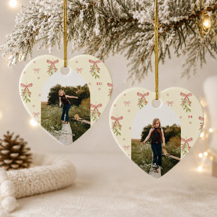 Editable Pink Bow Mistletoe Photo Christmas Heart Ceramic Tree Decoration