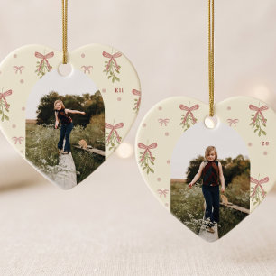 Editable Pink Bow Mistletoe Photo Christmas Heart Ceramic Tree Decoration
