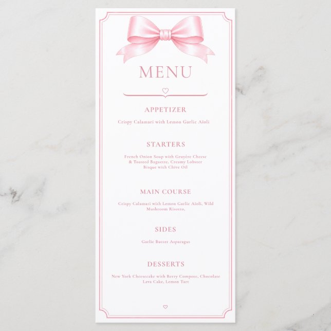 Editable Pink Elegant Bridal Shower Reception Menu (Front)