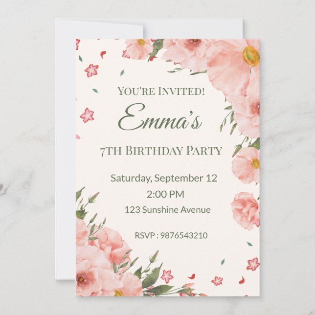 Editable Pink Floral Birthday Invitation (Front)