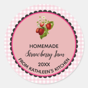 Editable Pink Gingham Strawberry Jam Label Sticker