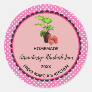 Editable Pink Gingham Strawberry Rhubarb Jam Label