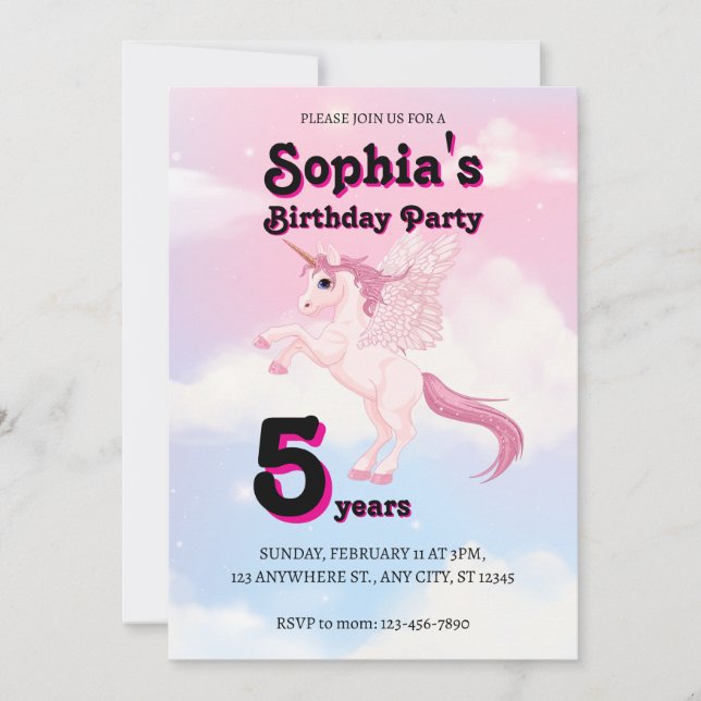 Editable Pink Pegasus Unicorn Birthday Invitation  (Front)