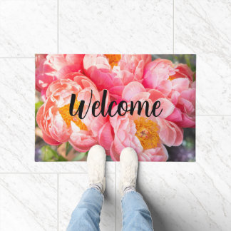 Editable Pink Peonies Welcome Doormat
