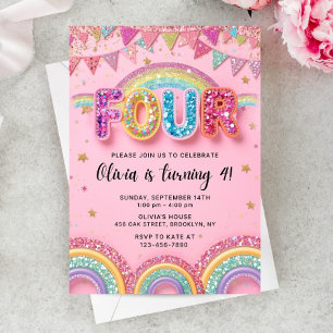 Editable Pink Rainbow Sequin 4th Birthday Invitati Invitation
