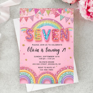 Editable Pink Rainbow Sequin 7th Birthday Invitati Invitation