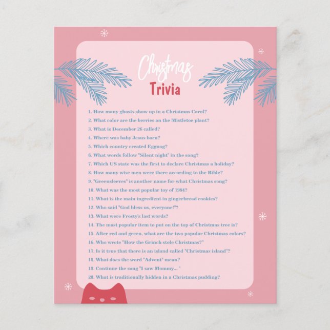 Editable, pink red Christmas trivia, Holiday game (Front)
