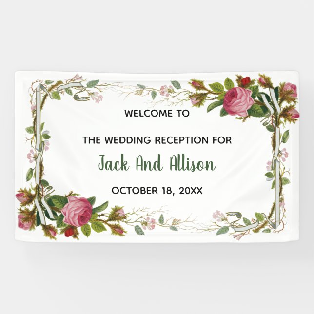 Editable Pink Rose Minimalist Floral Green Leaf Banner (Horizontal)