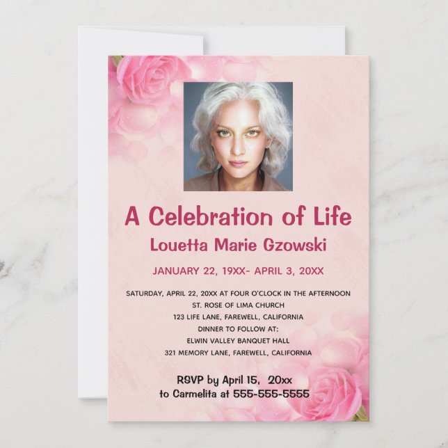 Editable Pink Roses  Photo Celebration of Life   Invitation (Front)