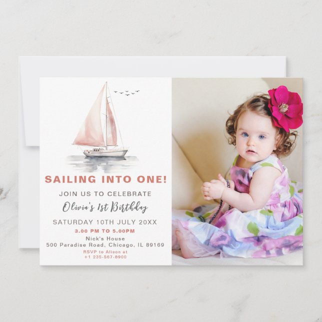 Editable Pink Sailboat Photo Birthday Invite (Front)