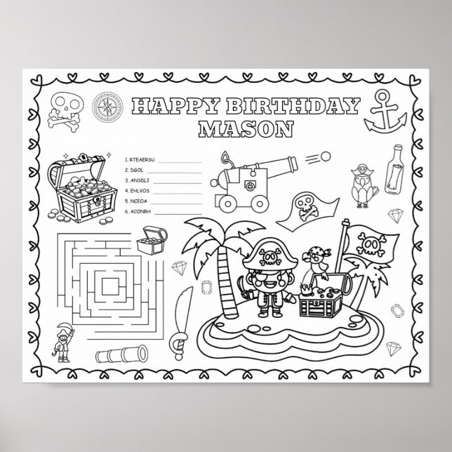Editable pirate Birthday colouring mat  Poster (Front)