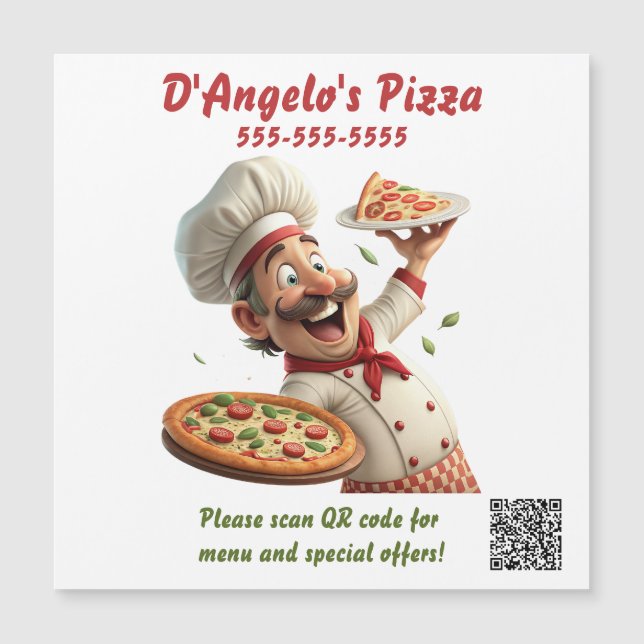 Editable Pizza Restaurant QR Code Magnet (Front)