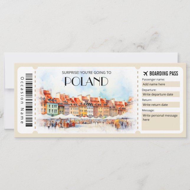 Editable Poland Warsaw Plane Boarding Pass Invitation (Front)