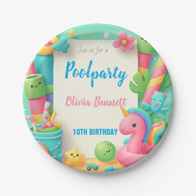 Editable Pool Party Birthday Summer Swim Paper Plate (Front)