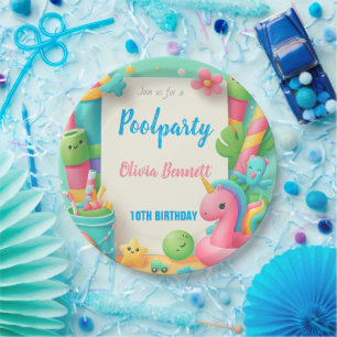 Editable Pool Party Birthday Summer Swim Paper Plate