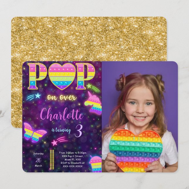 Editable Pop it Birthday Photo Invitation (Front/Back)