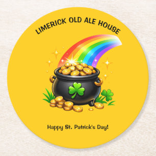 Editable Pot of Gold St Patricks Day Round Paper Coaster