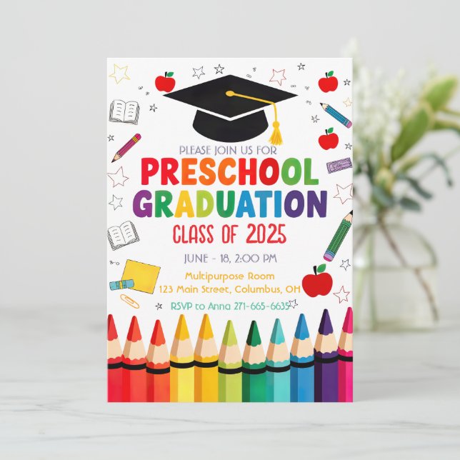 Editable Preschool Graduation Crayon Themed Invitation (Standing Front)