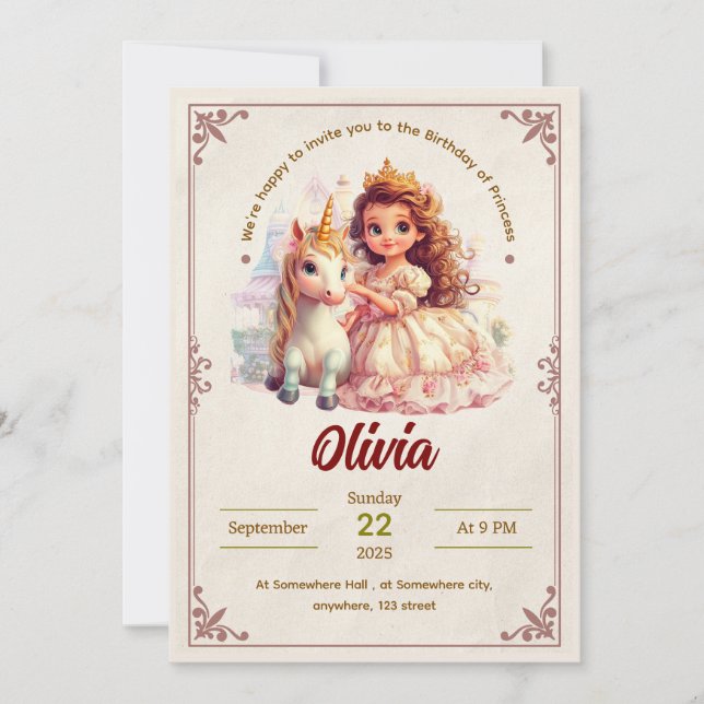 Editable Princess and Unicorn Birthday Invitation (Front)