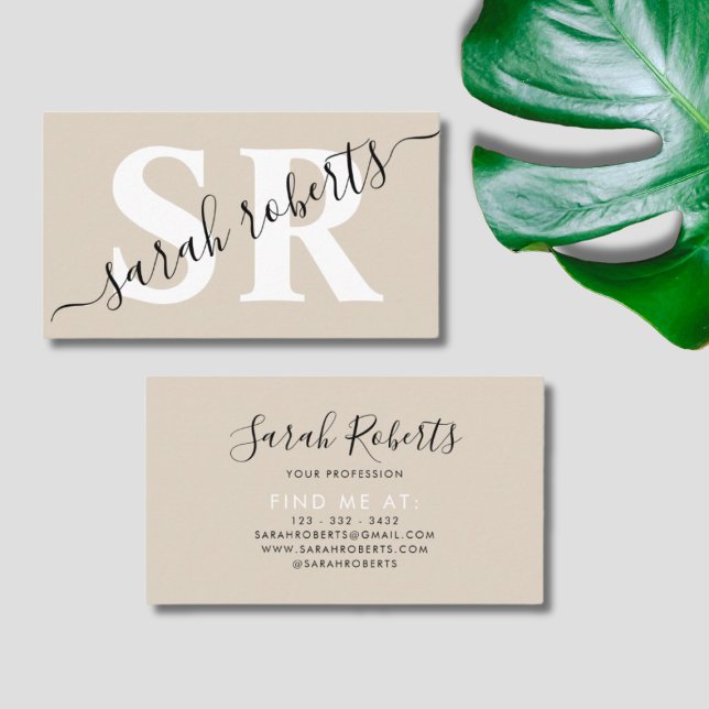 Editable professional monogram name beige business card (Creator Uploaded)
