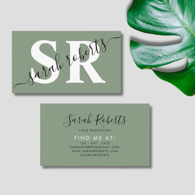 Editable professional monogram name green business card (Creator Uploaded)