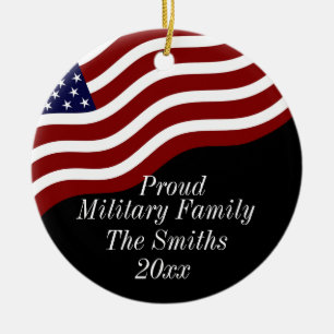 Editable Proud Military Family American Flag Ceramic Tree Decoration