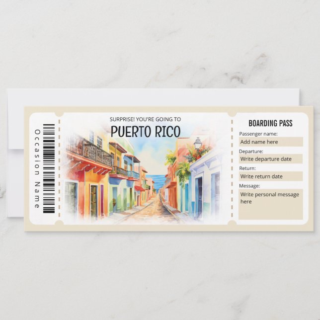 Editable Puerto Rico Plane Boarding Pass Ticket Invitation (Front)