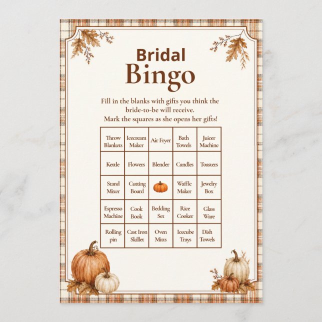 Editable Pumpkin Plaid Bridal Shower Bingo Game  (Front)
