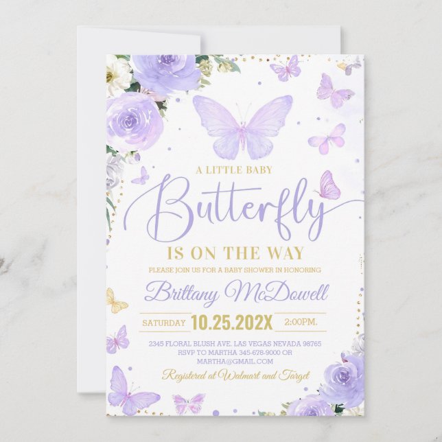 Editable Purple Butterfly Baby Shower Invitation  (Front)