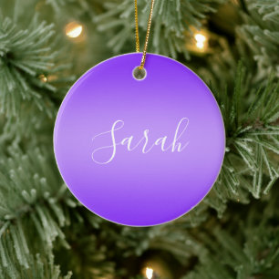 Editable Purple Violet Ombre & White Text Script  Ceramic Tree Decoration