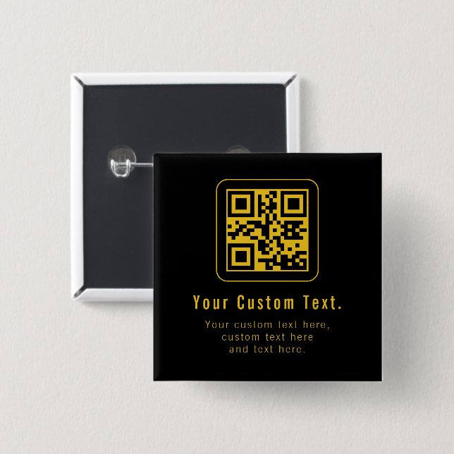 Editable QR Code & Text Template | Black & Gold 15 Cm Square Badge (Front & Back)