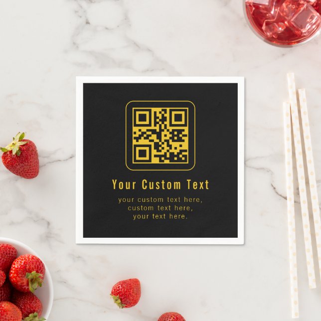 Editable QR Code & Text Template | Black & Gold Napkin (Insitu)