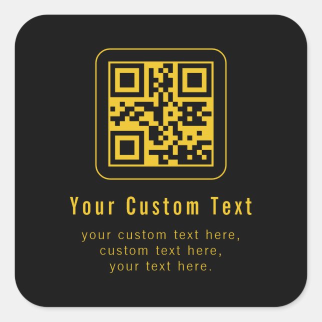 Editable QR Code & Text Template | Black & Gold Square Sticker (Front)