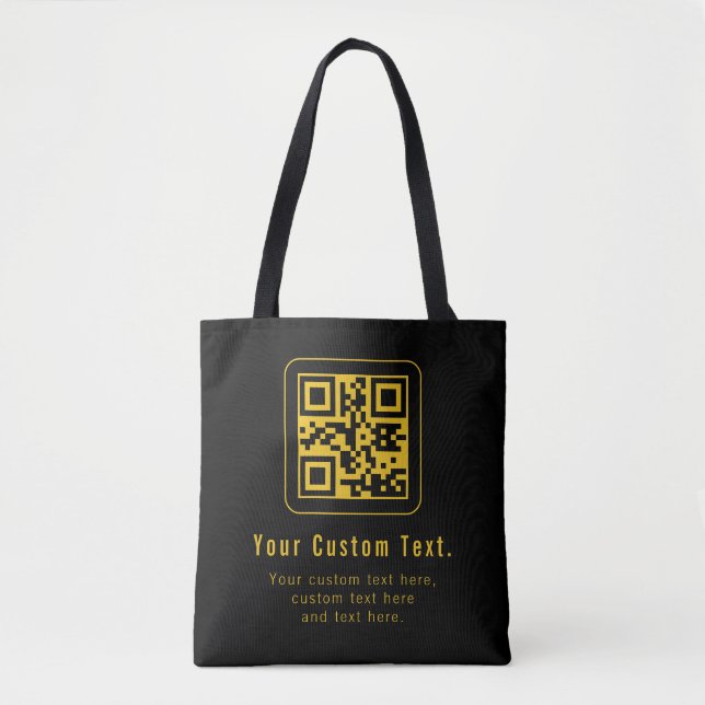 Editable QR Code & Text Template | Black & Gold Tote Bag (Front)