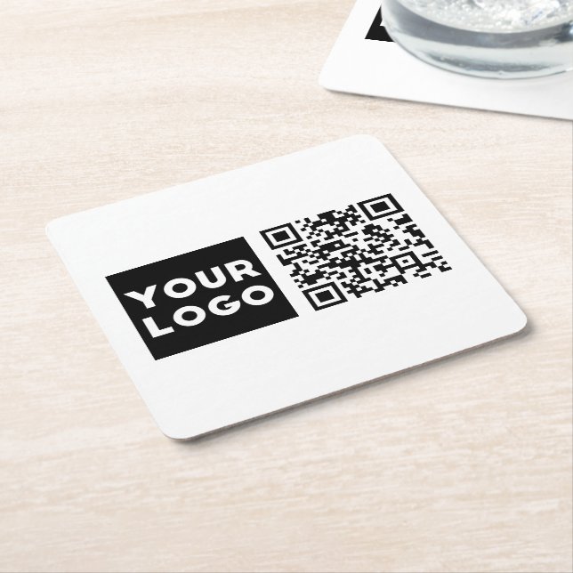 Editable QR code & Your Business Logo or Image Square Paper Coaster (Angled)