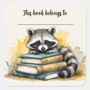 Editable Racoon and Books Bookplate Sticker