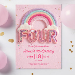Editable Rainbow Fourth Birthday Invitation, Pink  Invitation