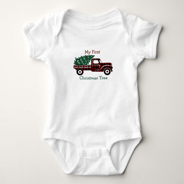 EDITABLE Red and Green Plaid Christmast Tree Truck Baby Bodysuit (Front)