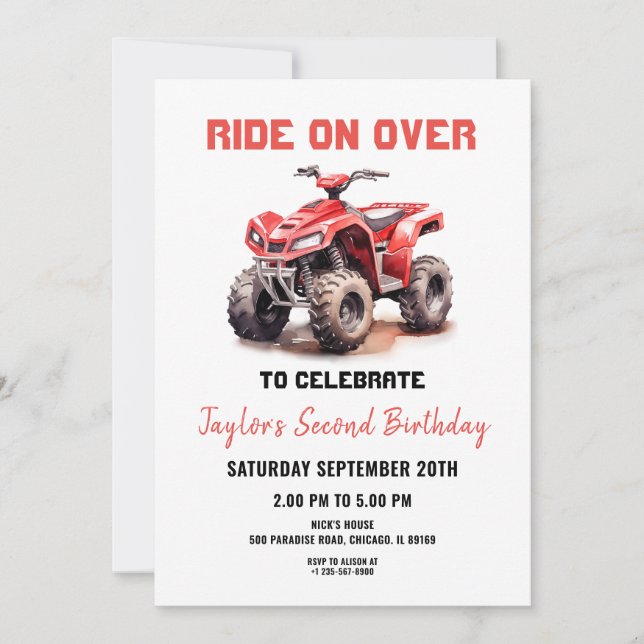 Editable Red ATV Wheeler Bike Birthday Invitation (Front)